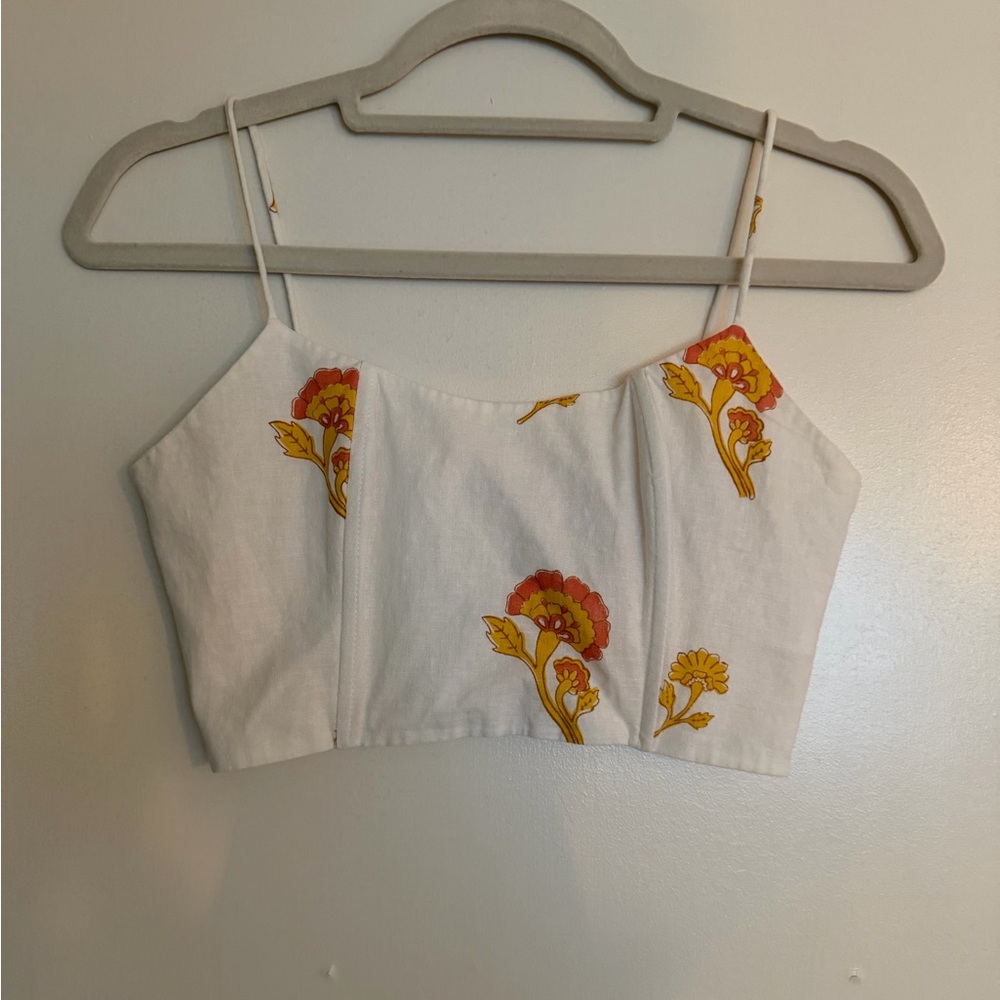 Sabo Skirt White and Yellow Floral Linen Cropped Camisole